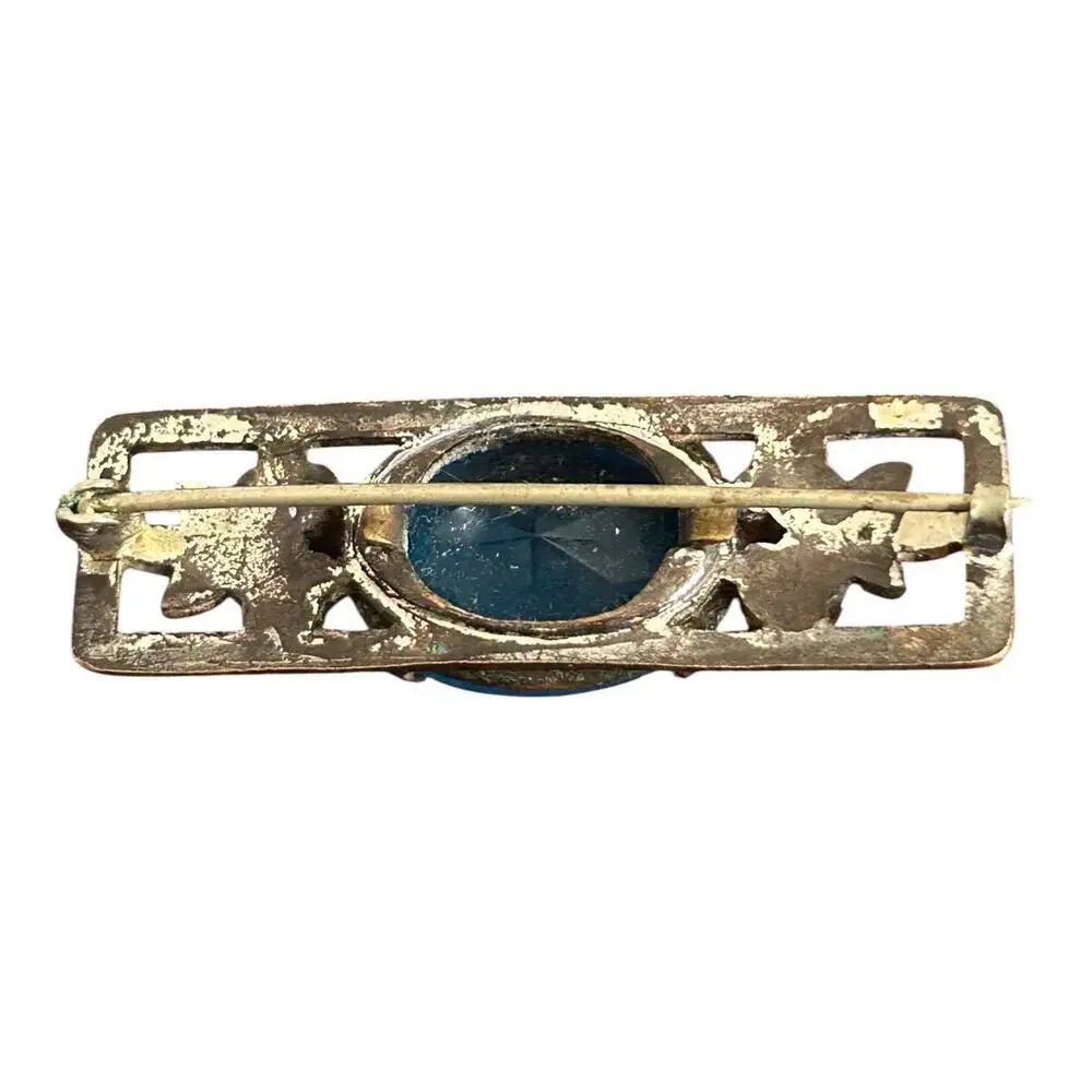 Art Deco Cobalt Blue Glass and Floral Enamel Bar Pin